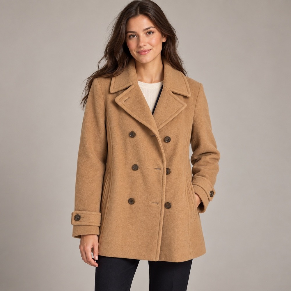 Lands End Womens Camel Wool Blend Peacoat Double Breasted Jacket Size 16